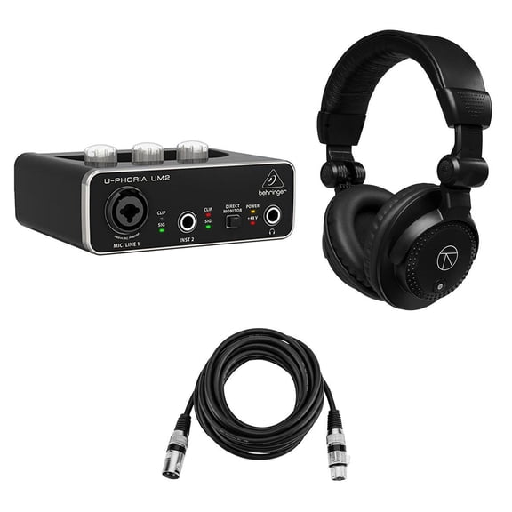 Behringer U-PHORIA UM2 2x2 USB Audio Interface, Bundle with Closed-Back Studio Monitor Headphones,15FT XLR M to F Cable, for the Guitarist, Vocalist, Podcaster and Studio Quality Recording (3 Items)