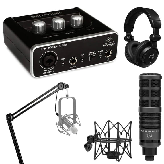 Behringer U-PHORIA UM2 2x2 USB Audio Interface, Podcast Bundle Broadcast Mic, Broadcast Arm W XLR, Studio Monitor Headphones