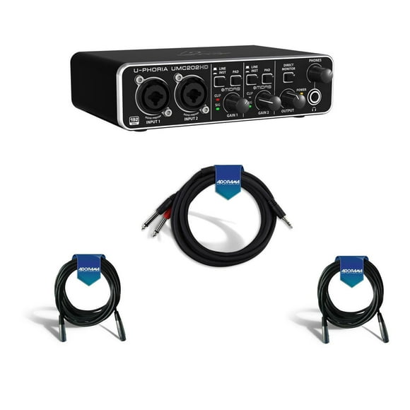 Behringer U-PHORIA UMC202HD - USB 2.0 Audio Interface - Bundle With 10' 3.5mm Stereo to Dual 1/4" Mono (Male) Breakout Cable, 2 Pack MC12-20XLR 20' Microphone Cable, Male XLR to Female XLR