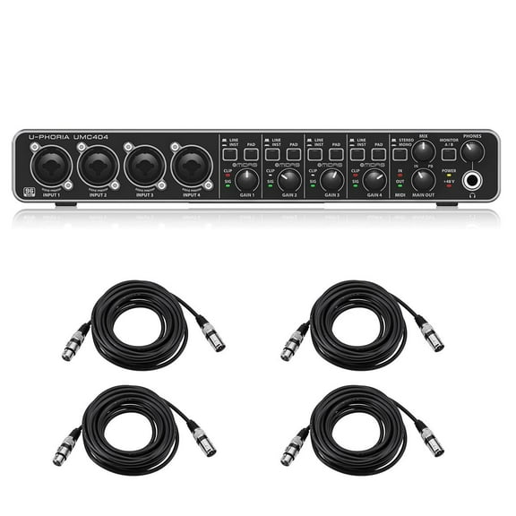 Behringer U-PHORIA UMC404HD USB Audio Interface, Audiophile 4x4, 24-Bit/192 kHz USB Audio/MIDI Interface with Midas Mic Preamplifiers Bundle with 4x 25' XLR M to F Microphone Cables (5 Items)