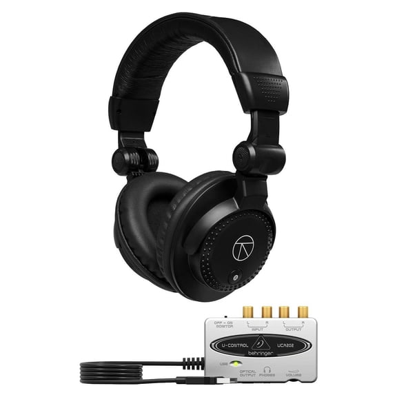 Behringer UCA202 Ultra-Low Latency 2-In/2 Out USB/Audio Interface with Digital Output with Closed-Back Studio Monitor Headphones