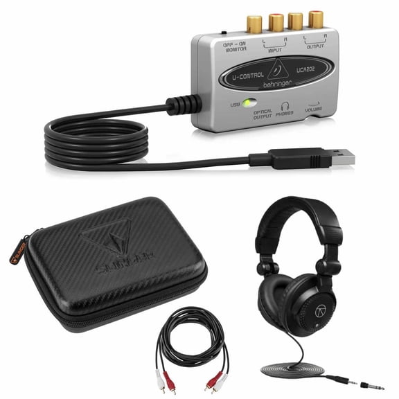 Behringer UCA202 Ultra-Low Latency 2-In/2 Out USB/Audio Interface with Digital Output Bundle WIth Studio Monitor Headphones, Hard Carry Case, RCA Male to 2 RCA Male Stereo Audio Cable 10'