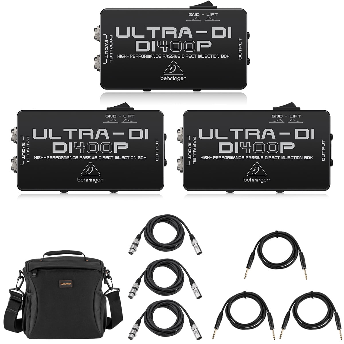 Behringer ULTRA-DI DI400P High-Performance Passive Direct Injection Box, 3-Pack, Bundle with 3x Platinum Pro 6' TRS Interconnect Cable, 3x 10' Microphone Cable