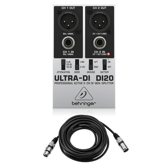 Behringer Ultra-DI DI20 Professional Active 2-Channel DI-Box/Splitter, Bundle with 25' XLR Microphone Cable