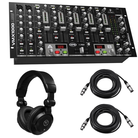 Behringer VMX1000USB Professional 7-Channel Rack-Mount DJ Mixer, Bundle with TAPH100 Headphones and 2x 25' XLR Cable