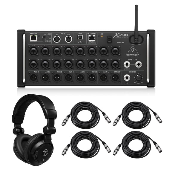 Behringer XAir XR18 18-Channel 12-Bus Wireless Digital Mixer for iPad/Android Tablet, Bundle with TAPH100 Headphones and 4x 25' XLR Microphone Cable