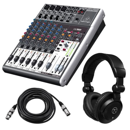 Behringer XENYX 1204USB Premium 12-Input 2/2-Bus Mixer, Bundle with TAPH100 Headphones and 2x 25' XLR Microphone Cable