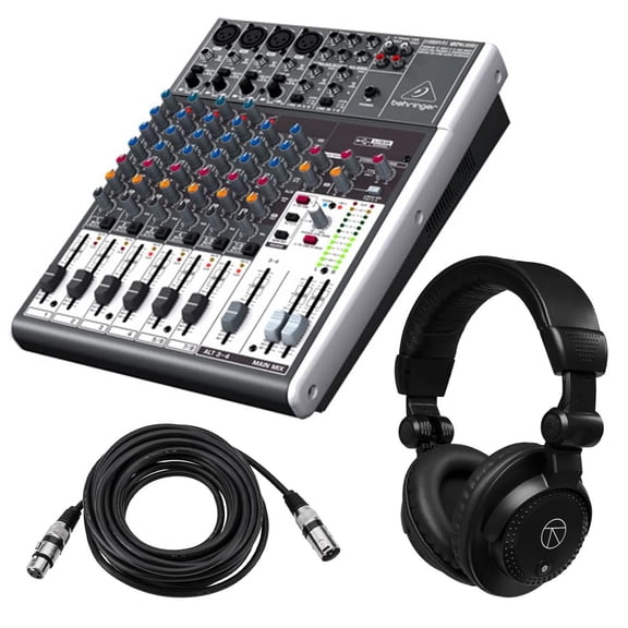 Behringer XENYX 1204USB Premium 12-Input 2/2-Bus Mixer, Bundle with TAPH100 Headphones and 2x 25' XLR Microphone Cable