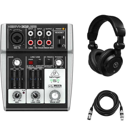 Behringer XENYX 302USB Premium 5-Input Mixer, w/Headphones & 15' XLR Cable