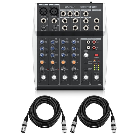 Behringer XENYX 802S Premium 8-Channel Analog Mixer with USB Streaming Interface, Bundle with 2x 15' XLR Microphone Cable