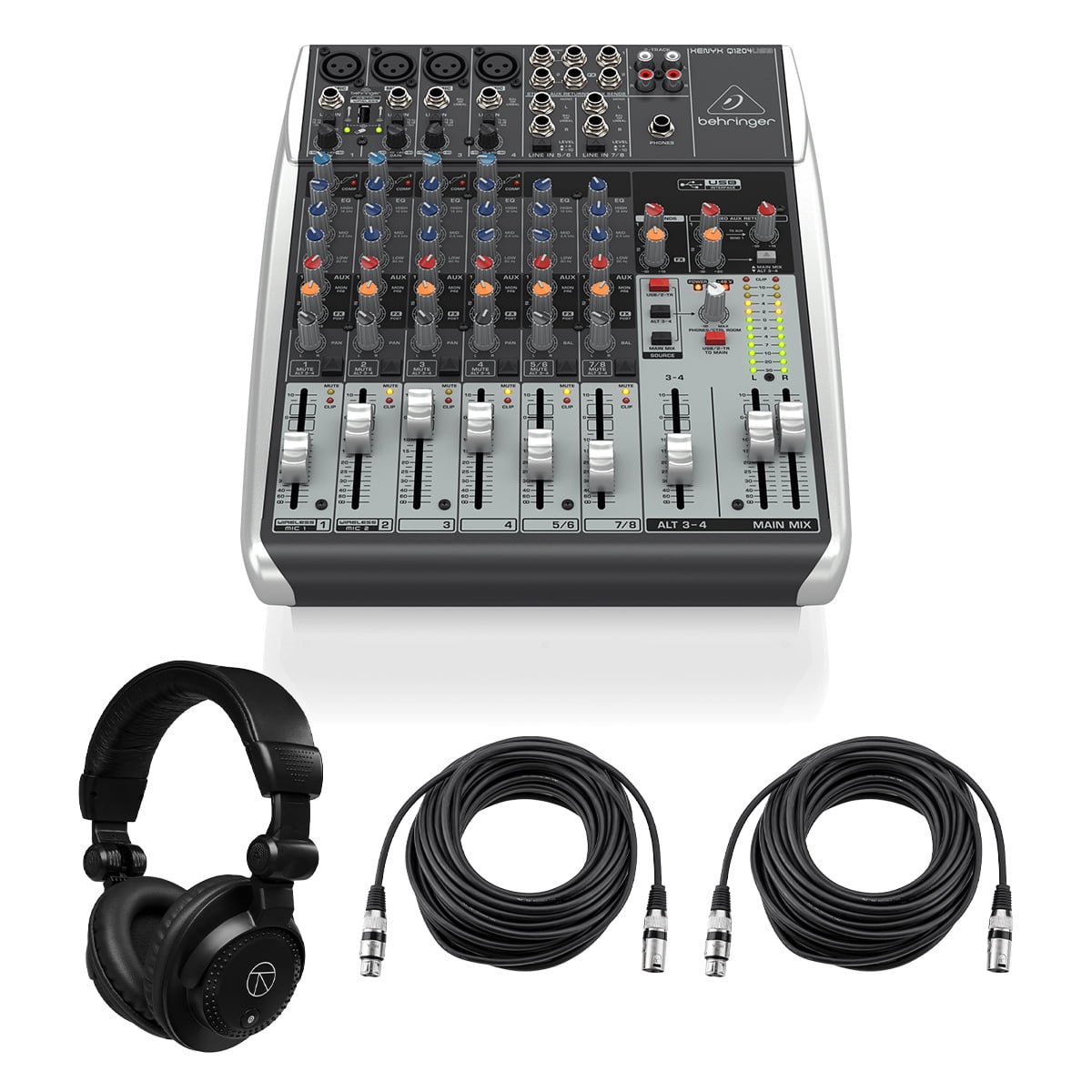 Behringer XENYX Q1204USB Premium 12-Input 2/2-Bus Mixer, Bundle with TAPH100 Headphones and 2x 50' XLR Microphone Cable
