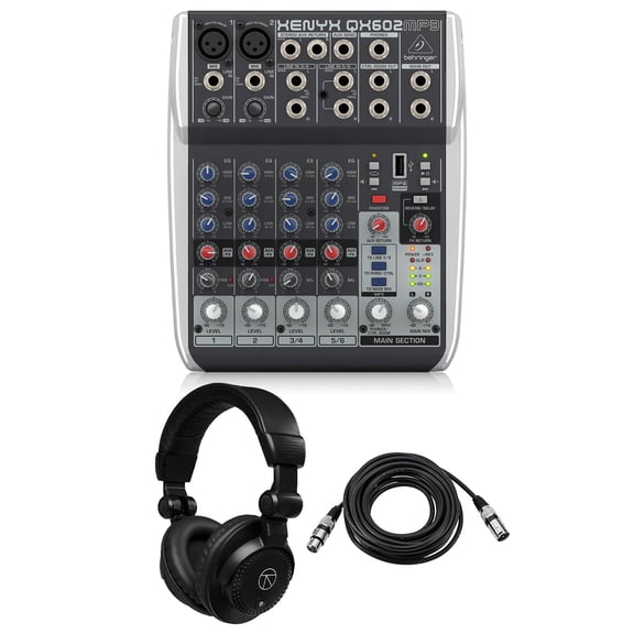 Behringer XENYX QX602MP3 Premium 6-Input 2-Bus Analog Mixer with Multi-FX and MP3 Player, Bundle with TAPH100 Headphones and 25' XLR Microphone Cable