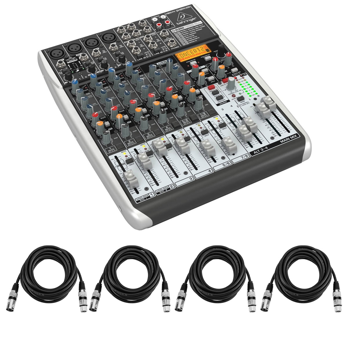 Behringer Xenyx QX1204USB Premium 12-Input 2/2-Bus Mixer with Xenyx Mic Preamps and Compressors, KLARK TEKNIK Multi-FX Processor, Wireless Option - With 4 Pack 15' 8mm XLR Microphone Cable