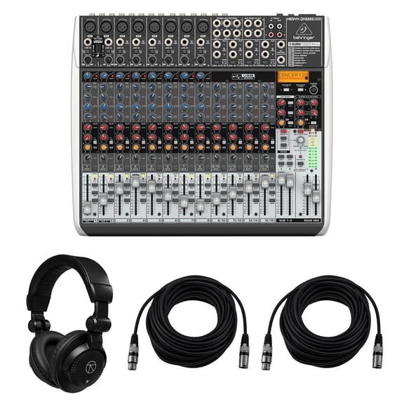 Behringer Xenyx QX2222USB Premium 22-Input/2-Bus Analog Mixer with Xenyx Mic Preamps, Bundle with TAPH100 Headphones & 2x 50' XLR Microphone Cable