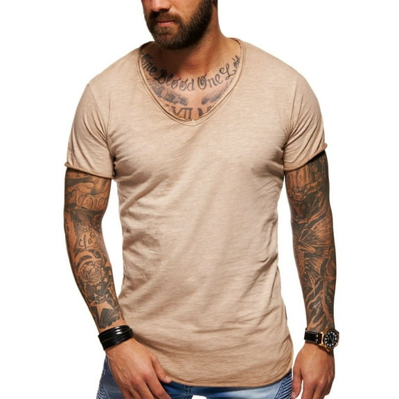 Behype. Men's Basic V-Neck Casual Fashion Hipster T-Shirt Longline Tee D-1702 (Beige,S)