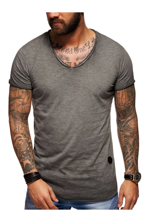 . Men's Basic V-Neck Casual Fashion Hipster T-Shirt Longline Tee D-1702 (Darkgrey,L)