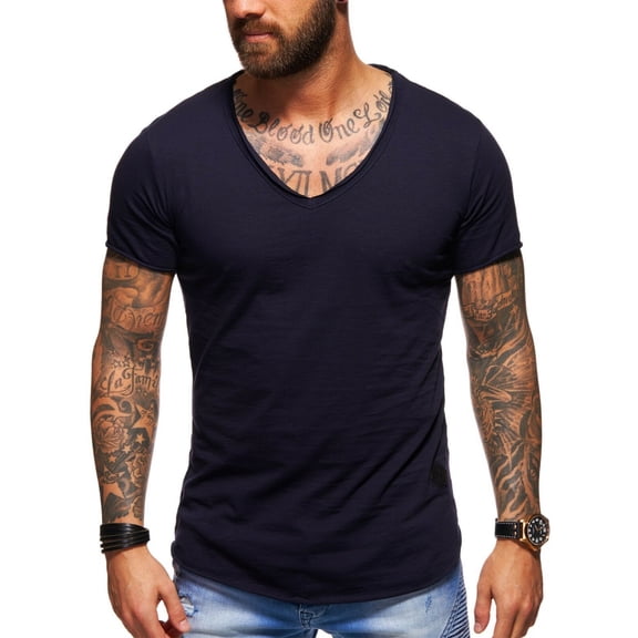 Behype. Men's Basic V-Neck Casual Fashion Hipster T-Shirt Longline Tee D-1702 (Navy,XL)