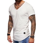 Behype. Mens Basic V-Neck Casual Fashion Hipster T-Shirt Longline Tee D-1702 White,S