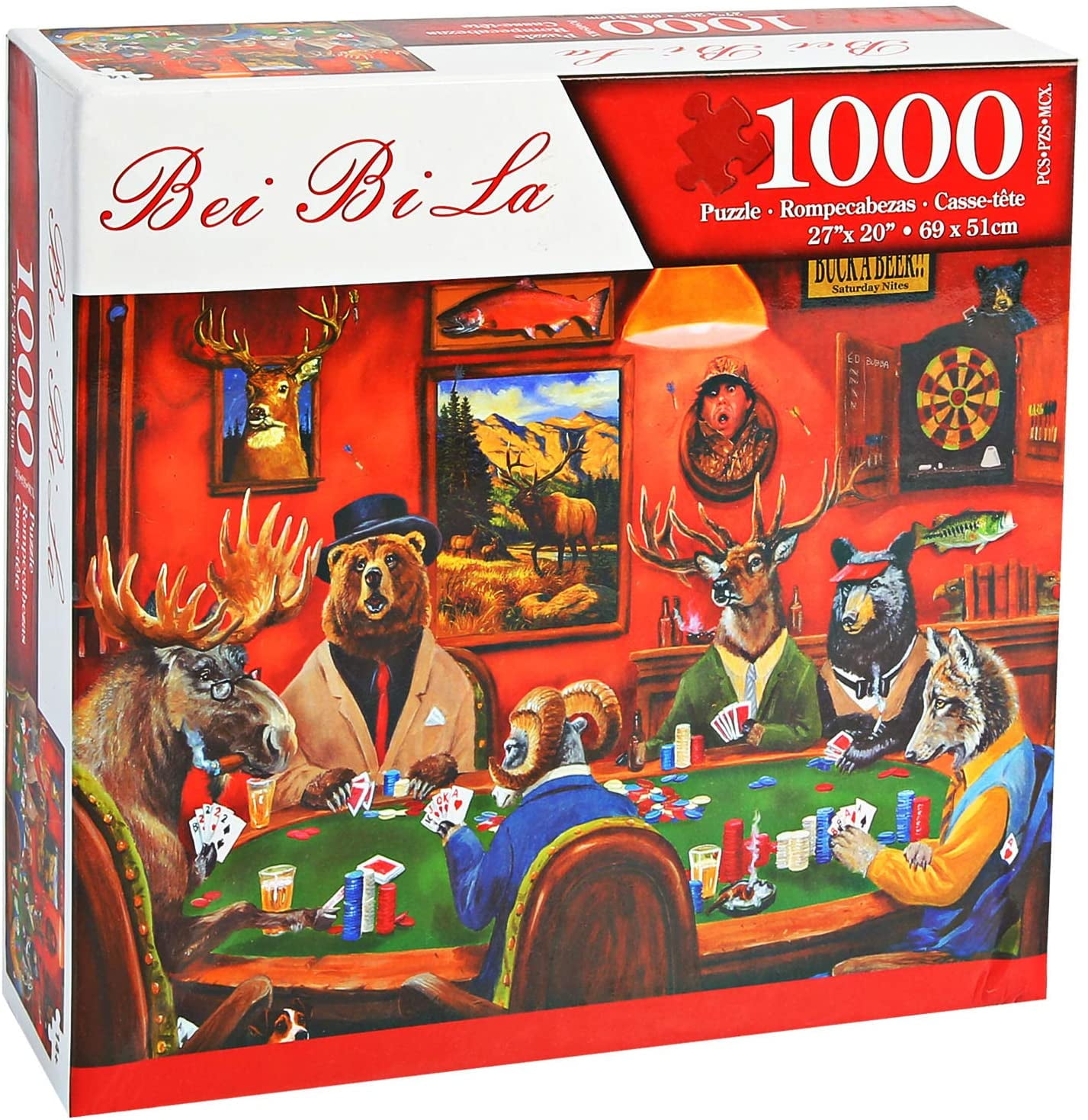 Bei Bi La Animals Deer Buck Playing Poker Jigsaw PUZZLE 1000 pieces 27"x20"