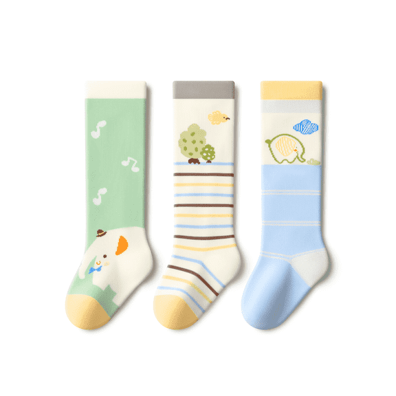 Beibi 3-Pair Pack, Boys' Cartoon Print Striped Over-the-Knee Socks, Suitable for Spring, Autumn, and Winter, Fits Children 0-2 Y