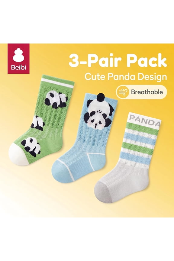 3-pair pack of spring and summer thin mid-calf socks, with panda cartoon print, suitable for ages 0-6