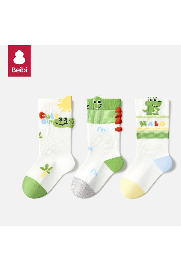 3-pair summer thin mid-calf socks, cartoon frog pattern print, suitable for ages 0-6