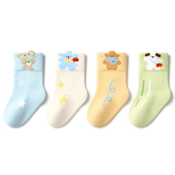Beibi 4-Pair Pack, Boys' Cartoon Print Mid-Calf Socks, All-Season Use, Suitable for Children Ages 0-6
