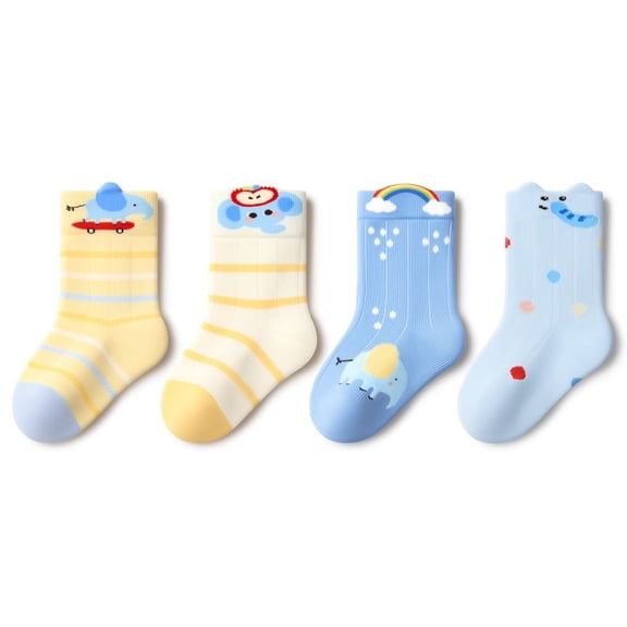 Beibi 4-Pair Pack, Boys' Cartoon Print Mid-Calf Socks, All-Season Use, Suitable for Children Ages 0-6