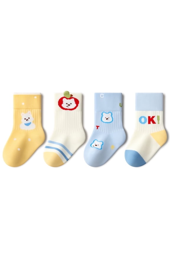 4-Pair Pack Boys' Fun Cartoon Mid-Calf Socks, All-Season Use, Suitable for Ages 0-3