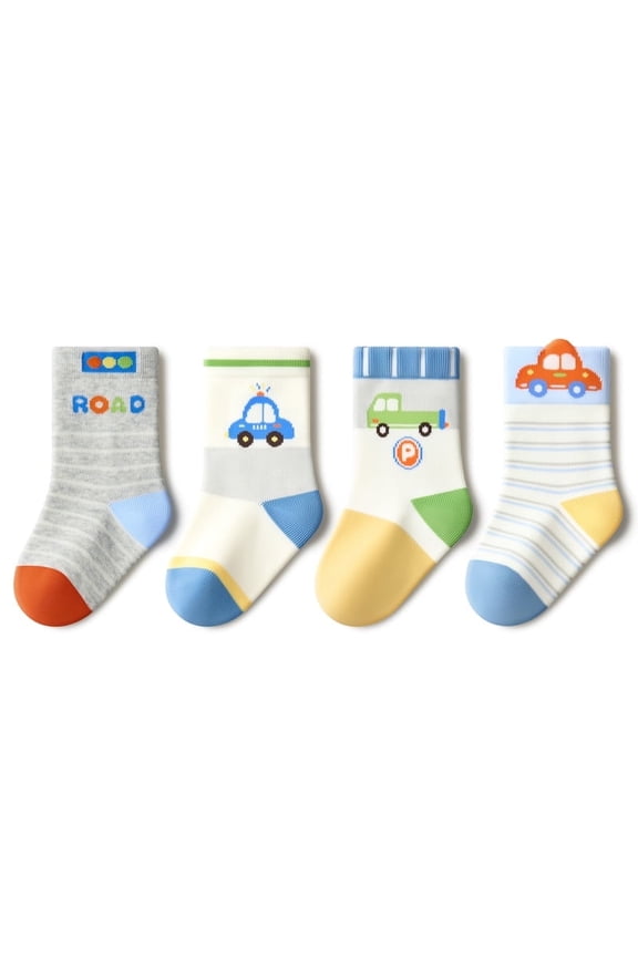 4-Pair Pack Boys' Fun Cartoon Mid-Calf Socks, All-Season Use, Suitable for Ages 0-6