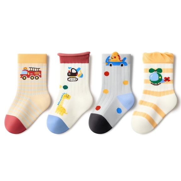 Beibi 4-Pair Pack Boys' Fun Cartoon Mid-Calf Socks, All-Season Use, Suitable for Ages 0-6