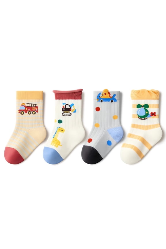 4-Pair Pack Boys' Fun Cartoon Mid-Calf Socks, All-Season Use, Suitable for Ages 0-6