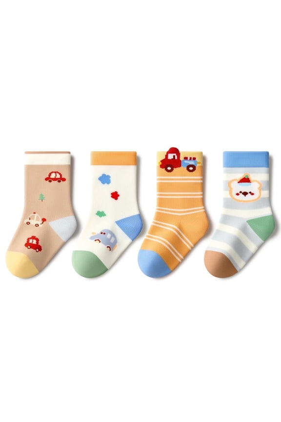 4-Pair Pack Boys' Fun Cartoon Mid-Calf Socks, All-Season Use, Suitable for Ages 0-6