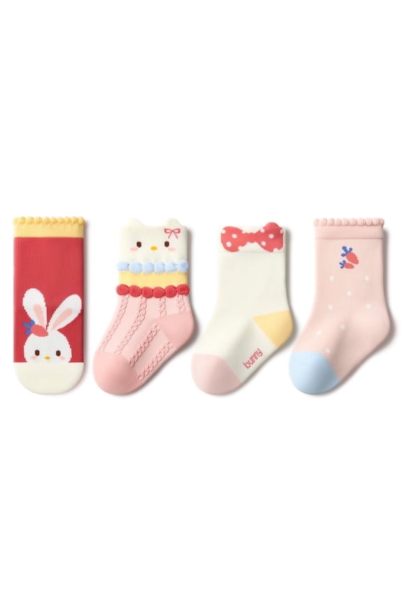 4-Pair Pack, Girls' Cartoon Print Mid-Calf Socks, All-Season Use, Suitable for Children Ages 0-3