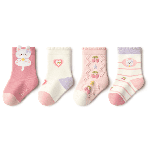 Beibi 4-Pair Pack, Girls' Cartoon Print Pink Mid-Calf Socks, All-Season Use, Suitable for Children Ages 0-6