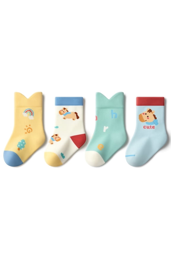 4-Pair Pack Kids' Socks with Cartoon Animal Designs Mid-Calf Socks Suitable for Spring, Fall, and Winter For Ages 0-6