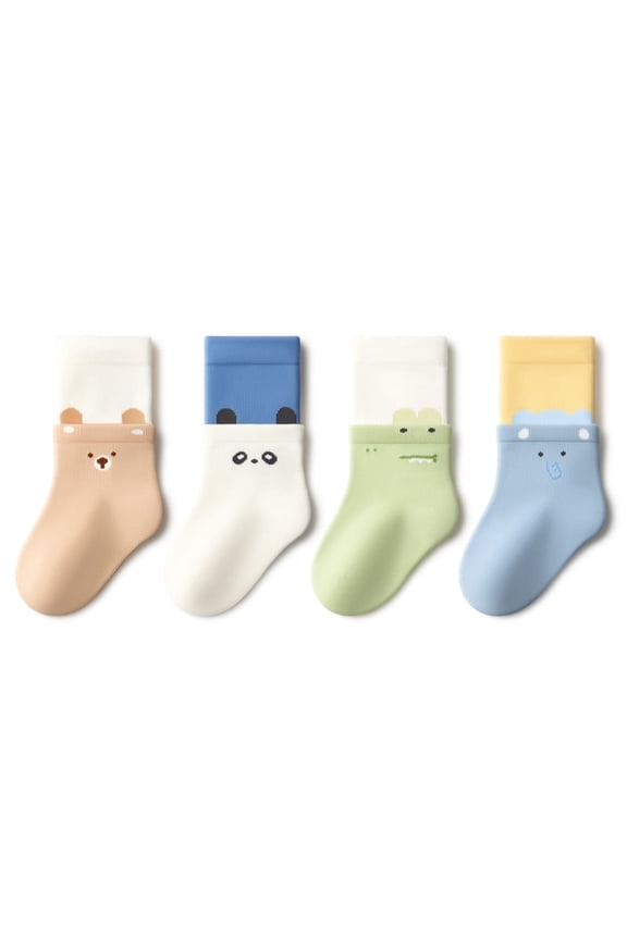 4-Pair Pack Kids' Socks with Cartoon Animal Designs Mid-Calf Socks Suitable for Spring, Fall, and Winter For Ages 0-6