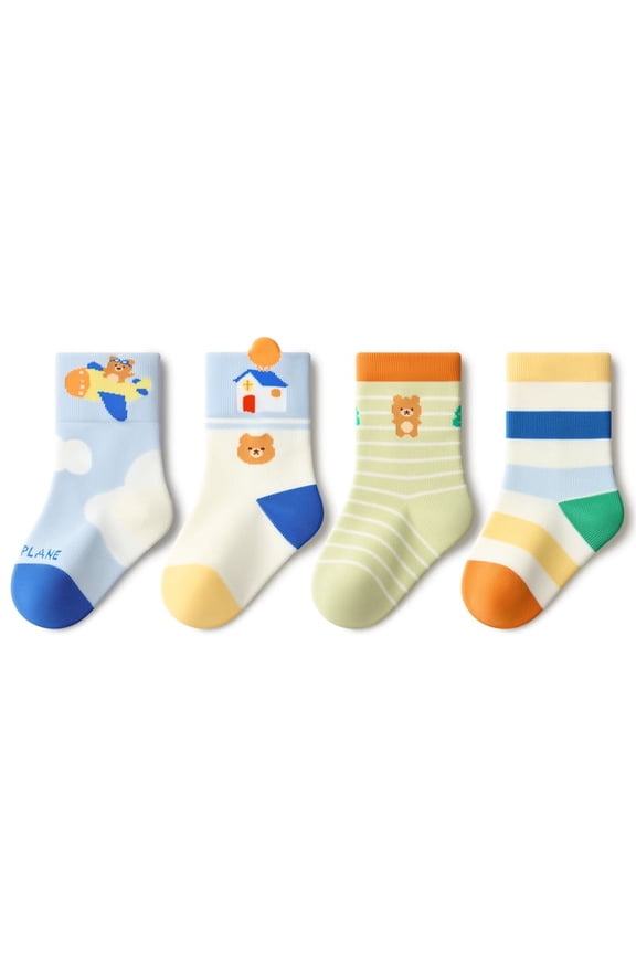 4-Pair Pack Kids' Socks with Cartoon Animal Designs Mid-Calf Socks Suitable for Spring, Fall, and Winter For Ages 0-6