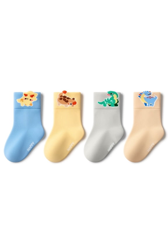 4-Pair Pack Kids' Socks with Cartoon Animal Designs Mid-Calf Socks Suitable for Spring, Fall, and Winter For Ages 0-6