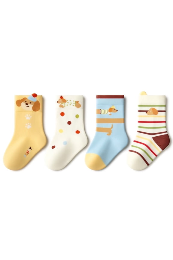 4-Pair Pack Unisex Kids' Fun Cartoon Mid-Calf Socks, All-Season Use, Suitable for Ages 0-6