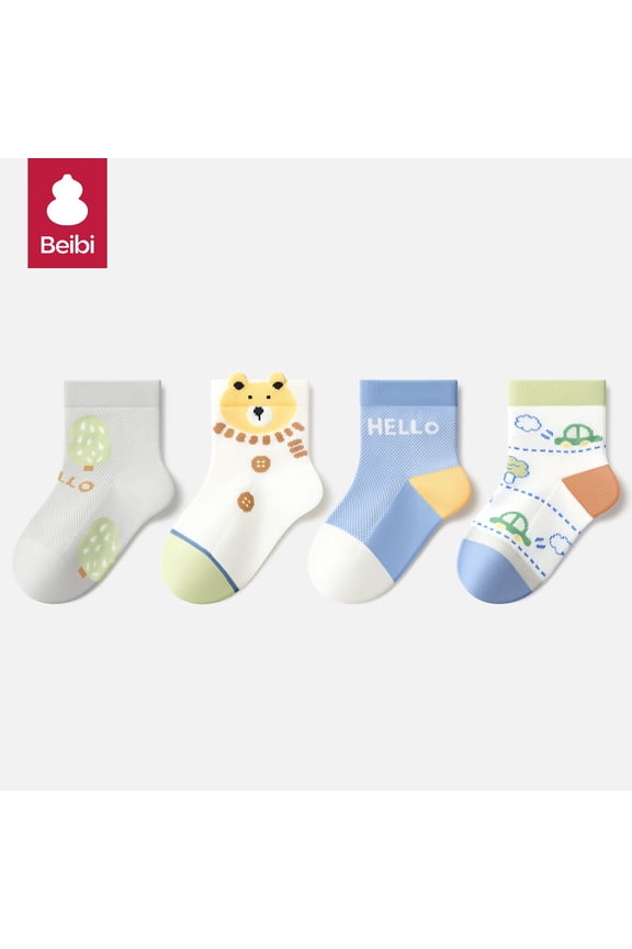 4-pair pack of summer thin mid-calf socks, cartoon cars, animal print patterns, suitable for ages 0-6