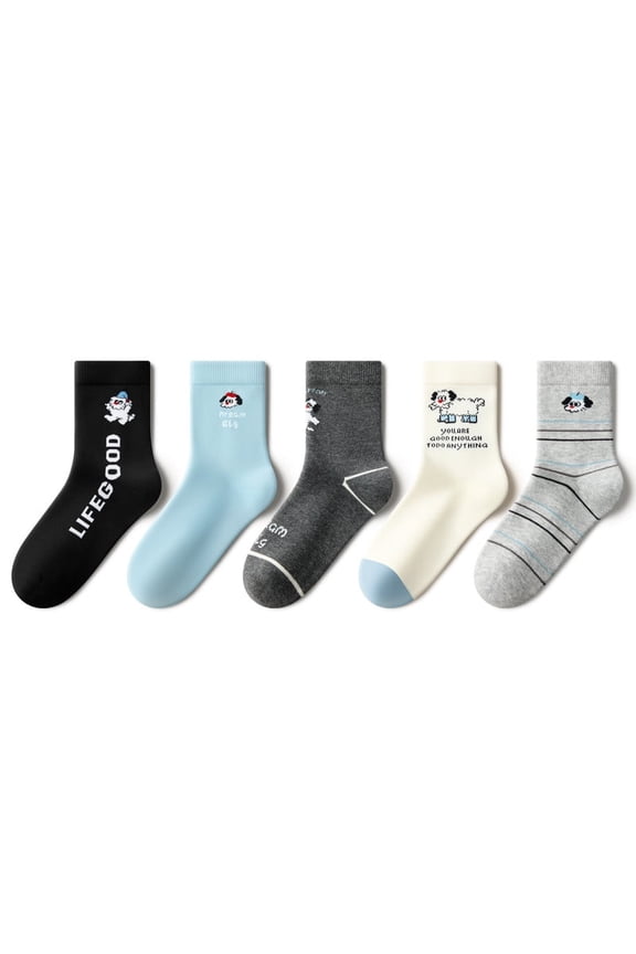 5-Pair Pack Boys' Mid-Calf Socks Puppy Alphabet Pattern All-Season Use For Ages 4 and Up