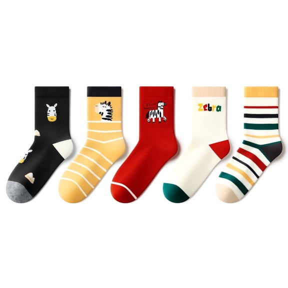 Beibi 5-Pair Pack Boys' Mid-Calf Socks Zebra Pattern Suitable for Spring, Fall, and Winter For ages 7-13 and up