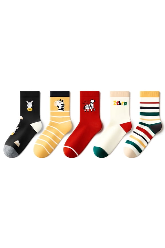 5-Pair Pack Boys' Mid-Calf Socks Zebra Pattern Suitable for Spring, Fall, and Winter For ages 7-13 and up
