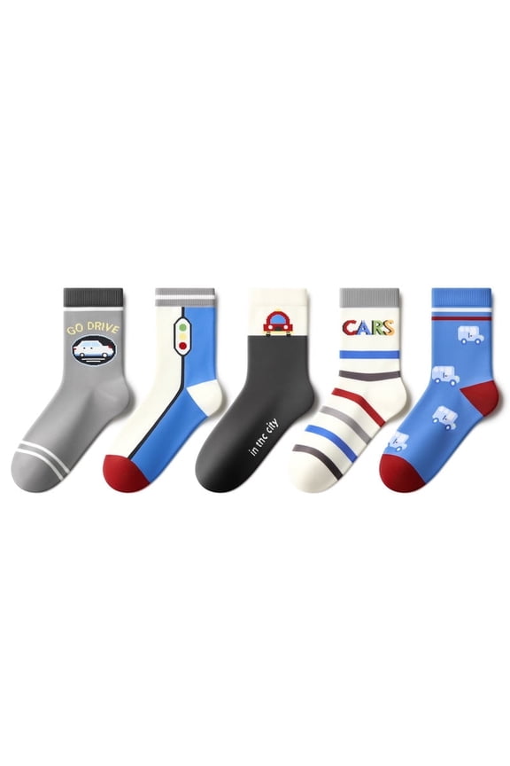 5-Pair Pack Boys' Mid-Calf Socks with Car Print - All-Season Wear for Children 4 Years and Up