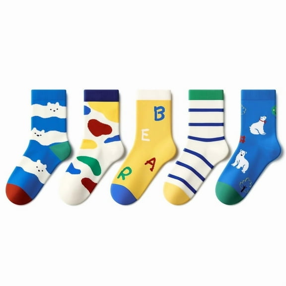 Beibi 5-Pair Pack Boys' Mid-Calf Socks with Polar Bear Design Suitable for All Seasons For Children 4 Years and Up