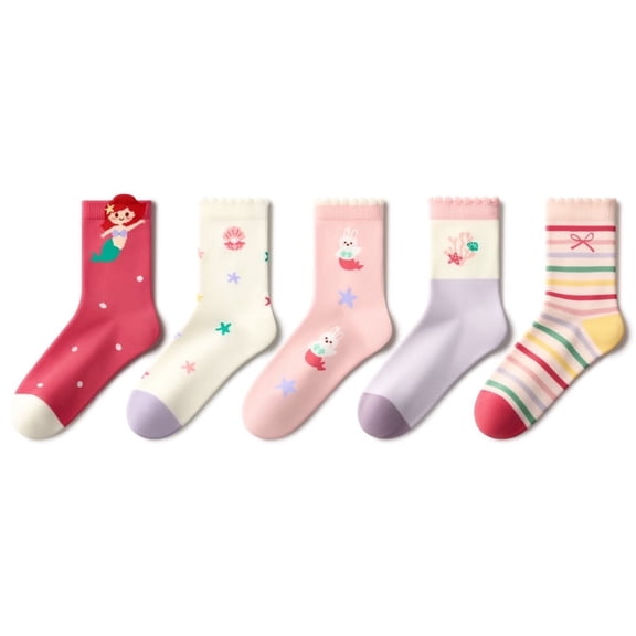 Beibi 5-Pair Pack, Girls' Cartoon Print Mid-Calf Socks, All-Season Wear, Suitable for Children 4 Years and Up