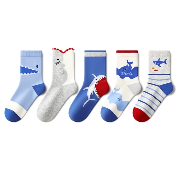 Beibi 5-Pair Pack Girls' Mid-Calf Socks Big Mouth Shark Design All-Season Use Suitable for Children 4 Years and Up