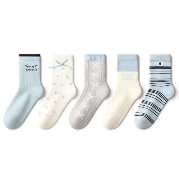 Beibi 5-Pair Pack Girls' Mid-Calf Socks Bow Tie Stripes All-Season Wear Suitable for Children 4 Years and Up