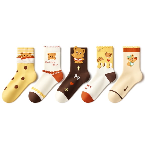 Beibi 5-Pair Pack Girls' Mid-Calf Socks Butter Bear Design Suitable for All Seasons For Ages 13 and Up